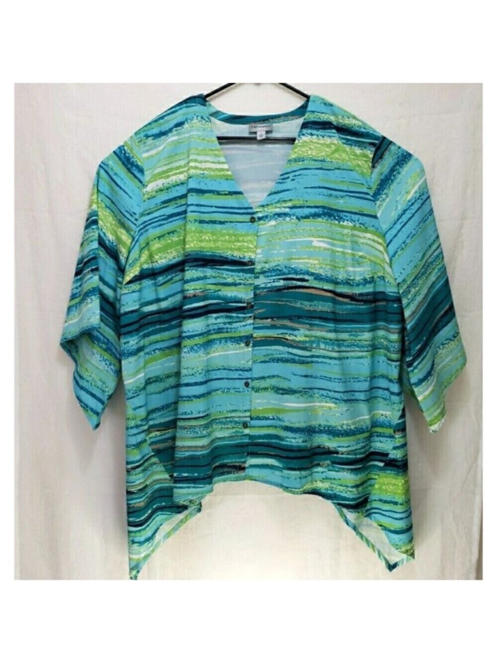 Catherines Button Up Top Women Size 4X Blue Green Striped Vacation